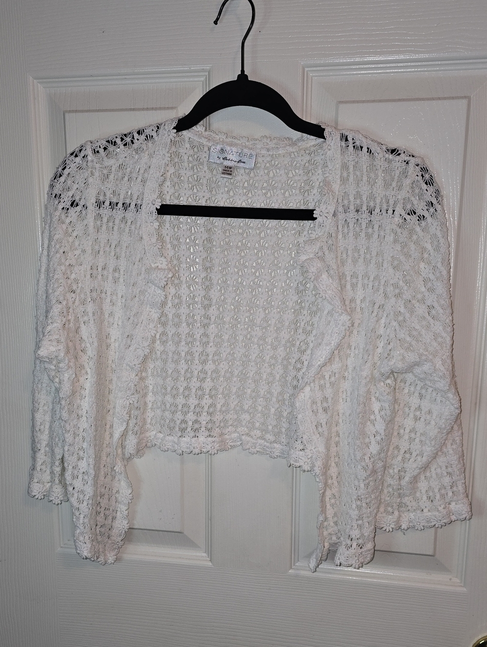 Robbie Bee White Open-Knit Crochet Shrug with Ruffle Trim